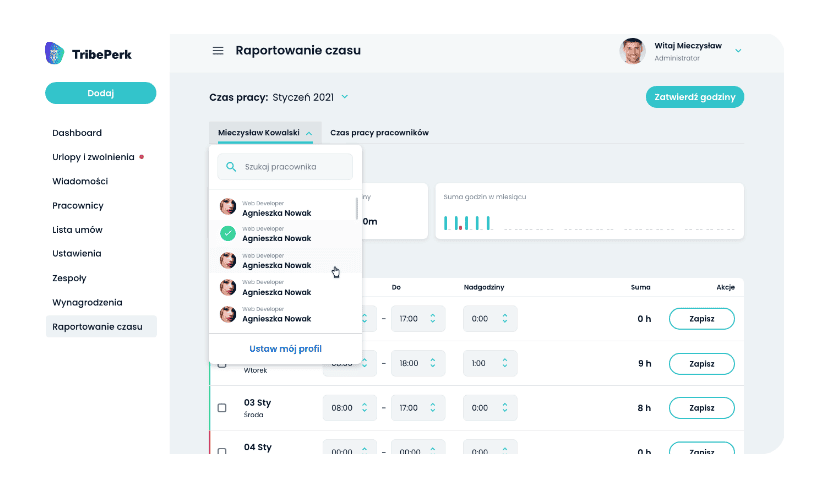 Zarządzanie czasem pracy na platformie kadrowo-płacowej TribePerk